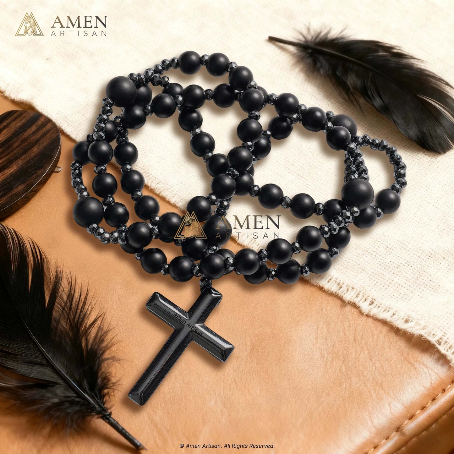 Black Onyx Cross Rosary Amen Artisan