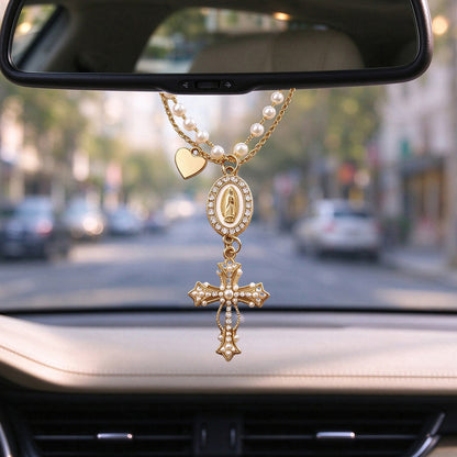 Virgin Mary & Cross Pearl-Like Bead Car Charm
