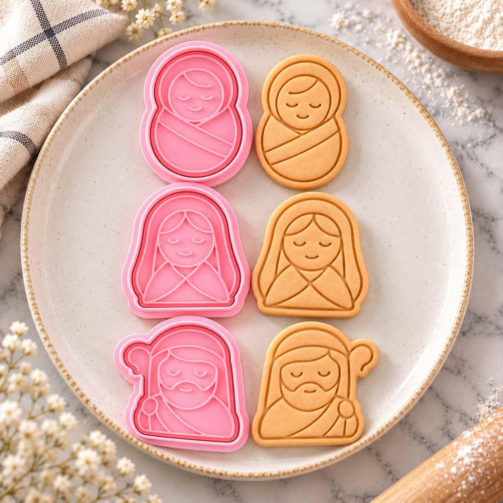 Nativity Cookie Cutter & Stamp Set – Mary, Joseph & Baby Jesus Christmas Baking