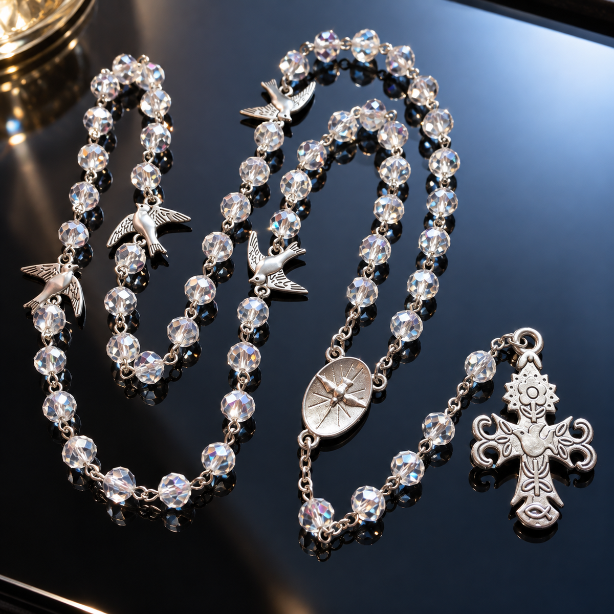 【DEAL TODAY】Holy Spirit Dove Rosary-Style Necklace with Clear Faceted Beads
