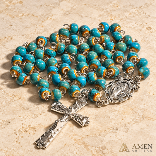Turquoise Speckled Ceramic Beads Rosary Amen Artisan