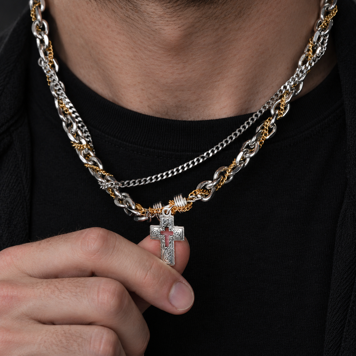 Two-Tone Mixed-Link Cross Necklace