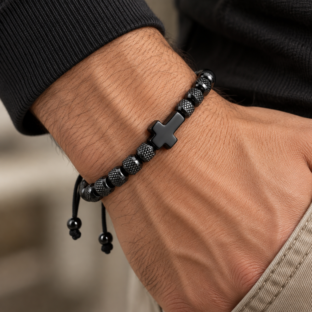 【DEAL TODAY】Adjustable Cross Bead Bracelet with Woven Cord