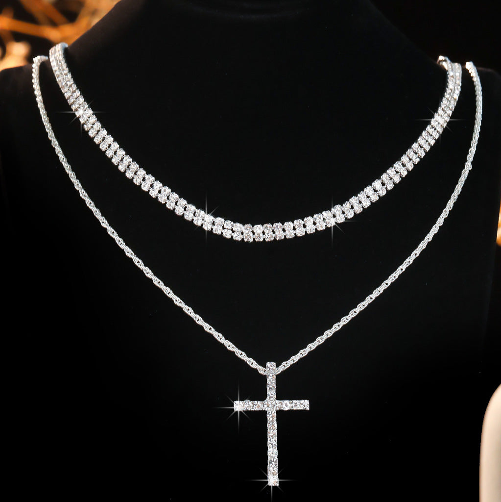 Sparkling Layered Cross Necklace with Rhinestone Details