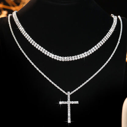 Sparkling Layered Cross Necklace with Rhinestone Details