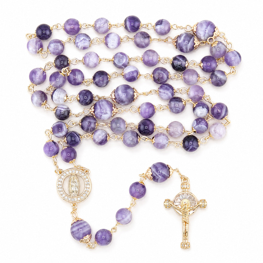 Purple Marbled Rosary with Gold-Tone Marian Medal