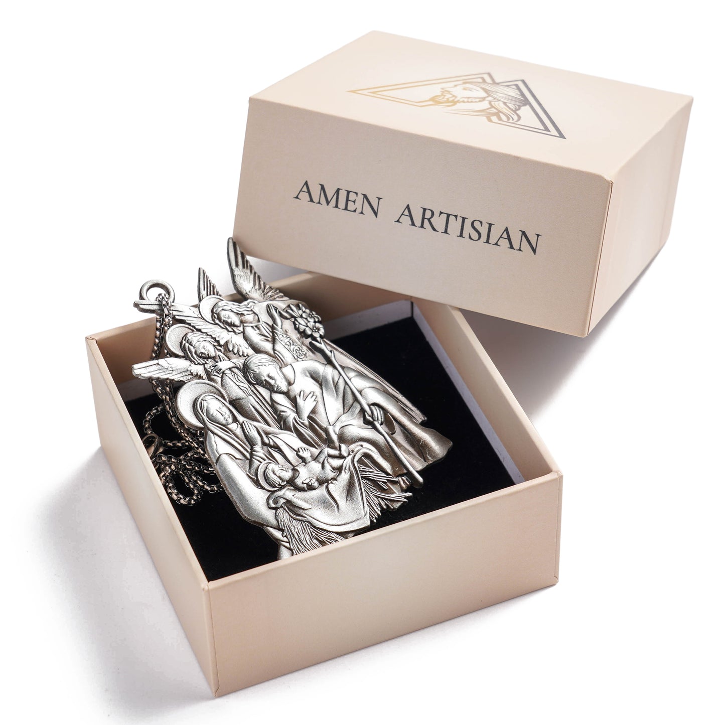 Premium Titanium Steel Nativity Ornament with Chain & Gift Box – 7 cm / 2.75"