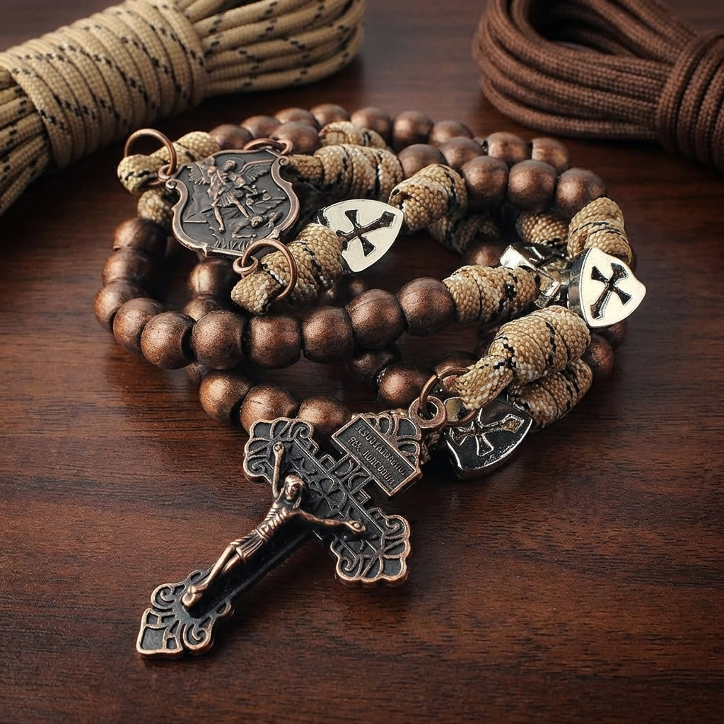 St. Michael the Archangel Bronze Paracord Wrapped Rosary Bracelet