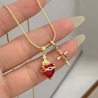 Sacred Heart & Rose Cross Multi-Pendant Necklace Amen Artisan