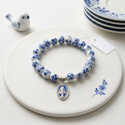 Ceramic Flower Beads Miraculous Medal Stretch Bracelet
