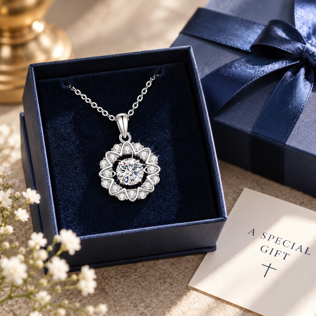 Necklace, Pendant Necklace, 925 Sterling Silver, Moissanite, None Identifiable, Moissanite Floral Halo Pendant Necklace