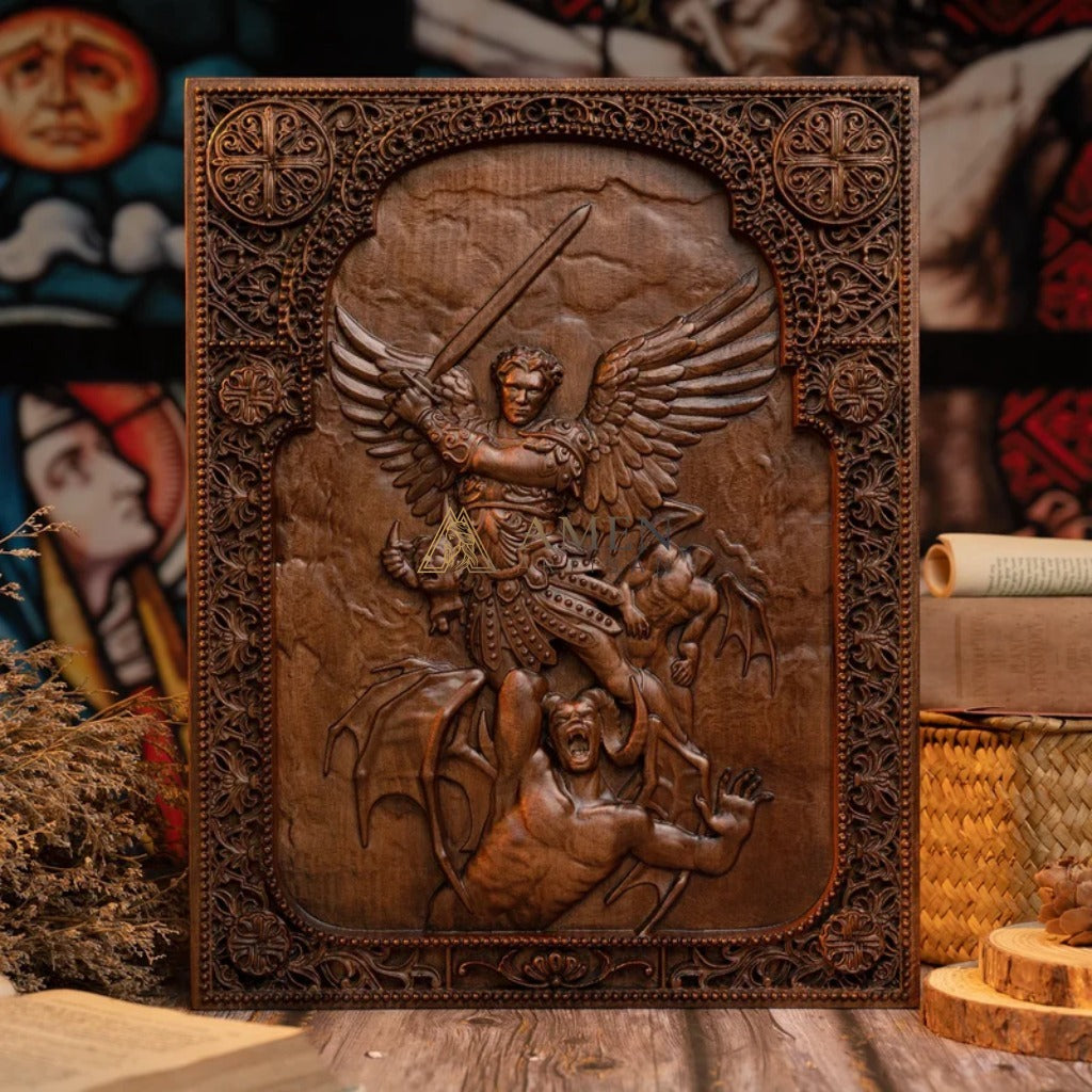 Archangel Michael Wood Carving Amen Artisan