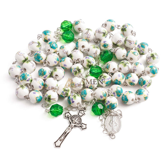 Cyan Floral Ceramic Rosary Amen Artisan