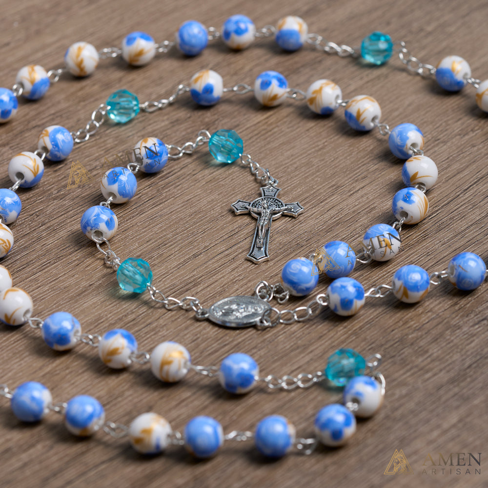 Blue Floral Ceramic Rosary Amen Artisan