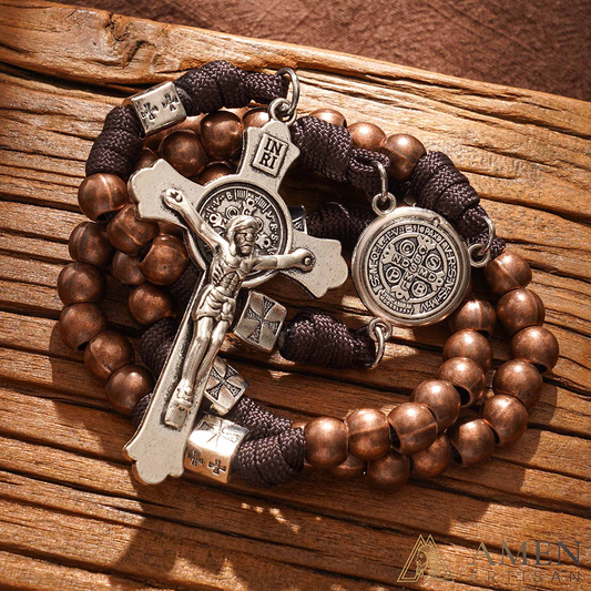 Brass Beads Saint Benedict Medal Crucifix Paracord Rosary | Amen Artisan
