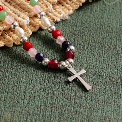 【DEAL TODAY】Colorful Beaded Cross Necklace with Natural Stone Details