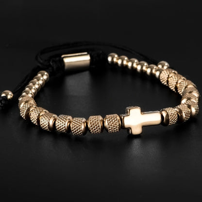 Adjustable Cross Bead Bracelet with Woven Cord