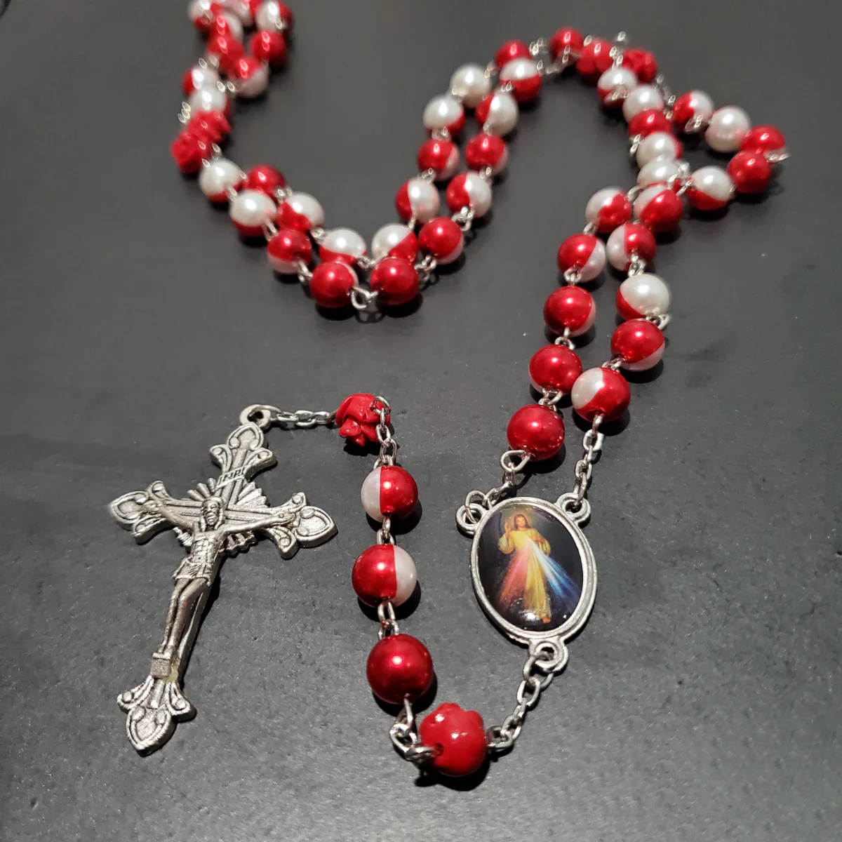 $0.99 Deal Red White Pearls Divine Mercy Rosary