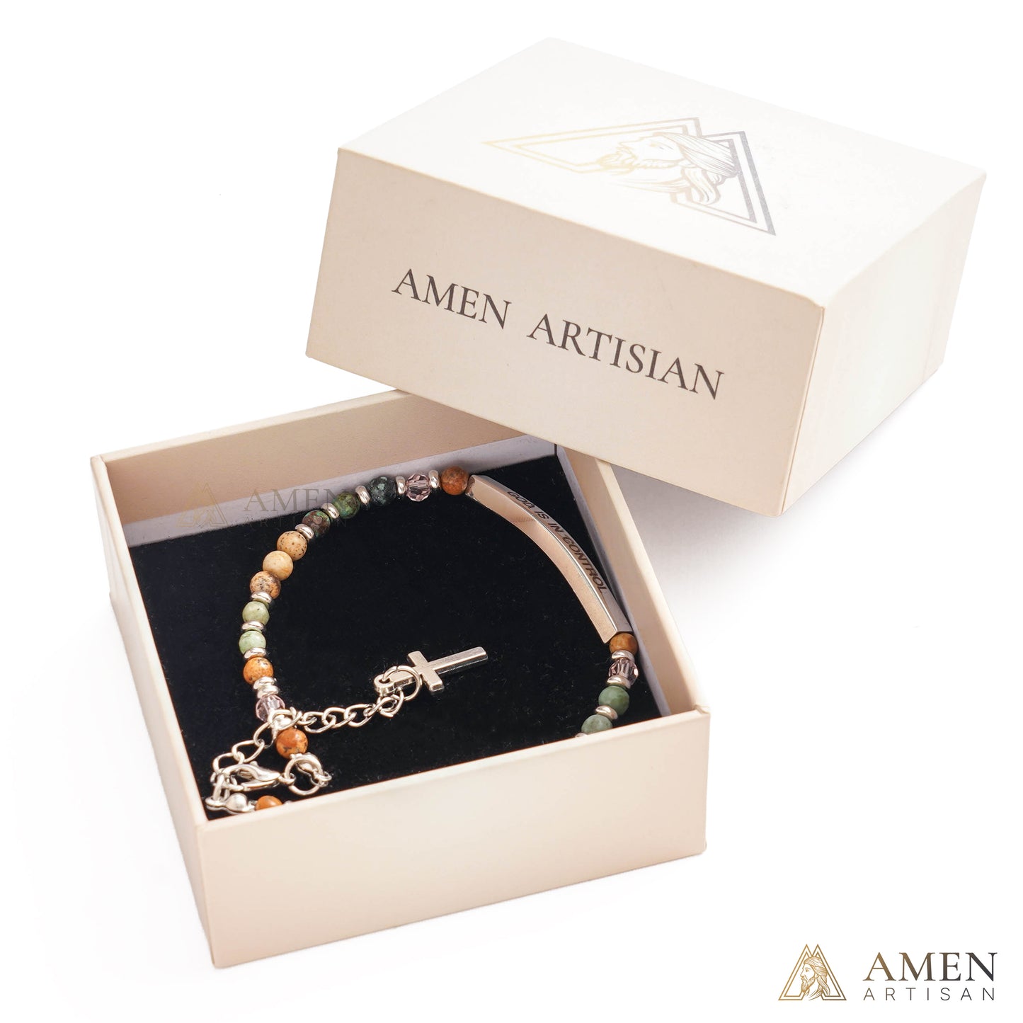 【Deal Today】Adjustable Natural Stone Bracelet with Cross | Amen Artisan