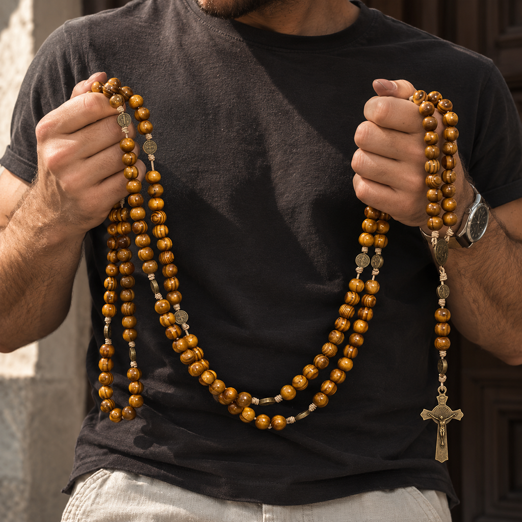 St. Benedict Wooden Rosary with Bronze-Tone Medal Accents
