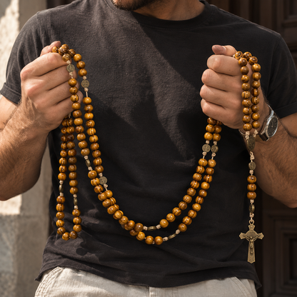 St. Benedict Wooden Rosary with Bronze-Tone Medal Accents