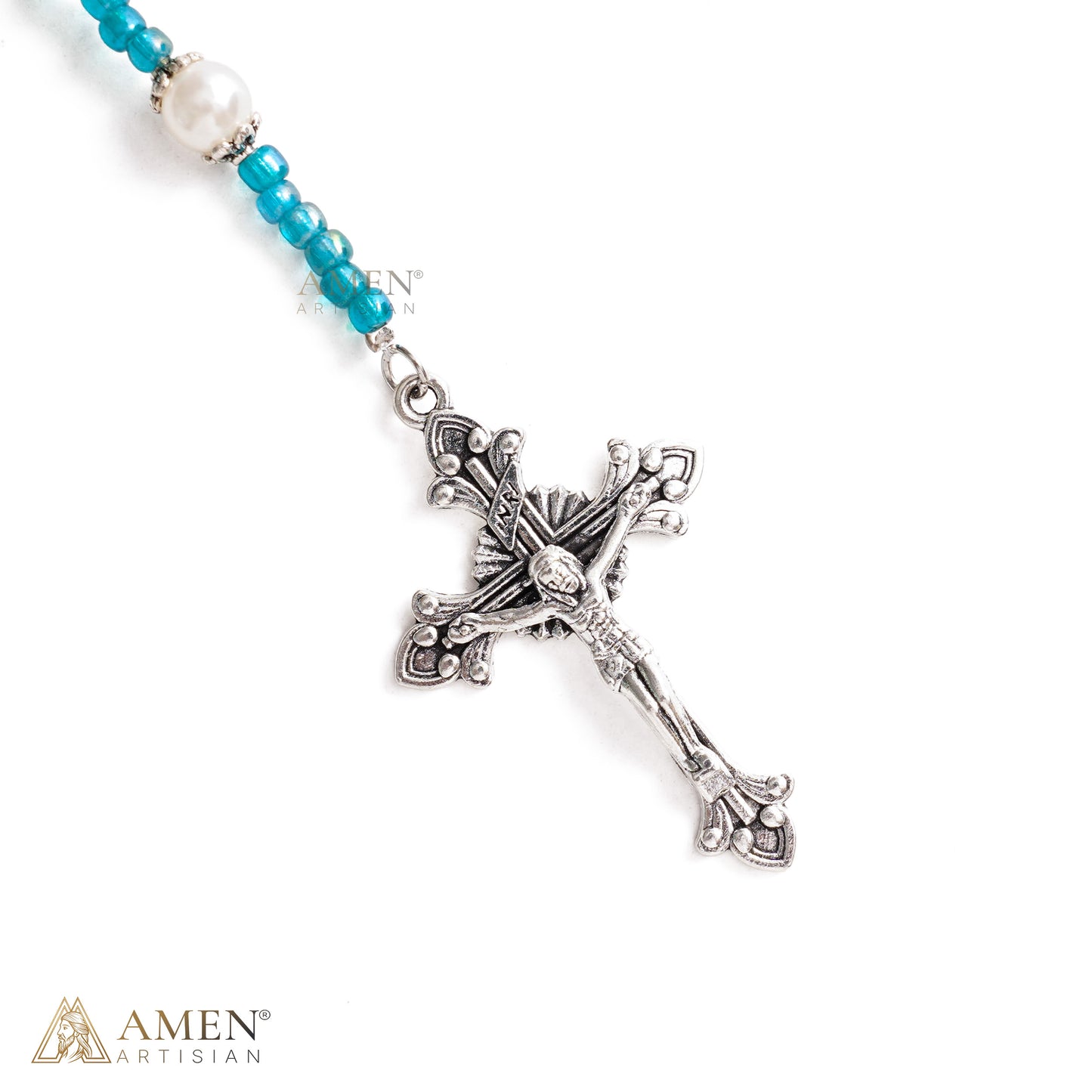 【DEAL TODAY】Blue Beaded Crucifix Necklace with Devotional Medal