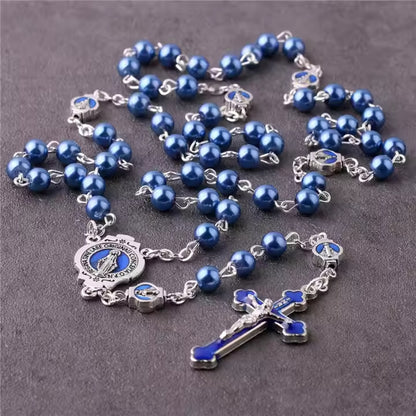 Rosário de contas de pérola azul profundo artesanal Amém Virgem Maria