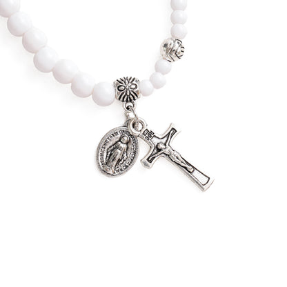 White Bead Virgin Mary Medal & Crucifix Bracelet Necklace
