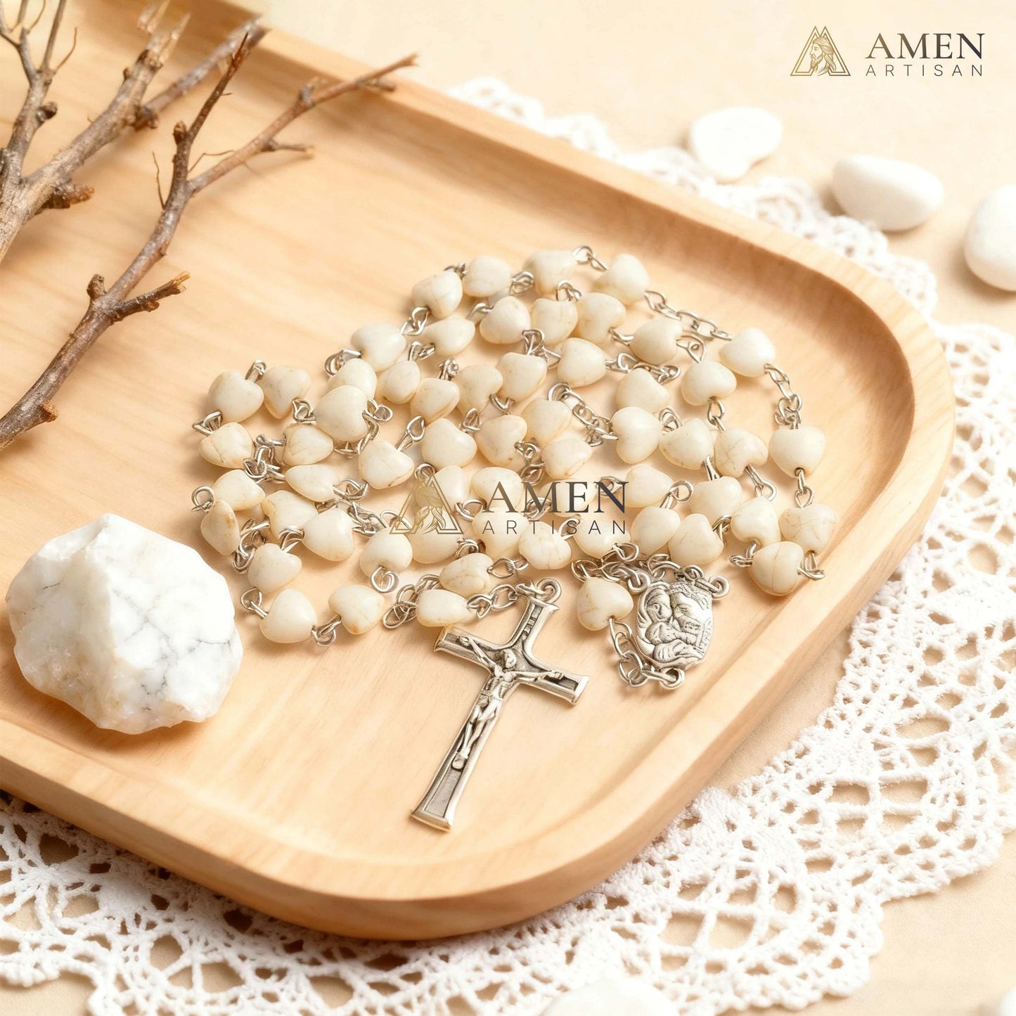 White Turquoise Heart Rosary Amen Artisan