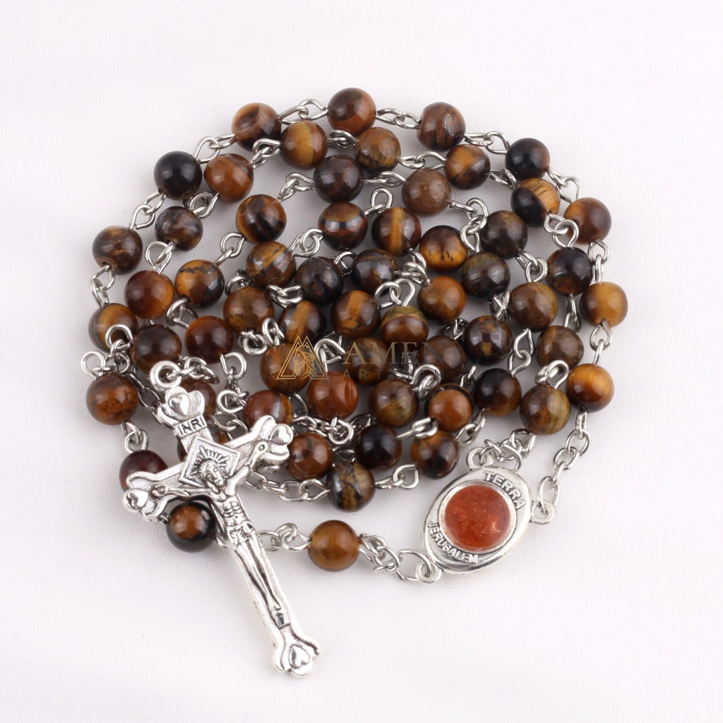 Tiger's Eye Saint Michael Crucifix Rosary  Amen Artisan