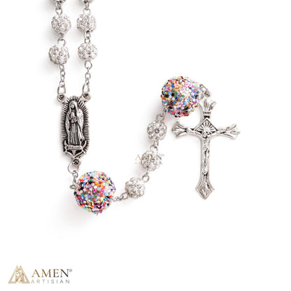 【DEAL TODAY】Our Lady of Guadalupe Five-Decade Rosary with Sparkling Rhinestone Beads and Colorful Sequin Accents — Grace and Devotion | Amen Artisan