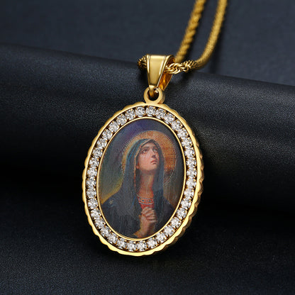Holy Mother Photo Memorial Titanium Steel Zircon Necklace | Amen Artisan