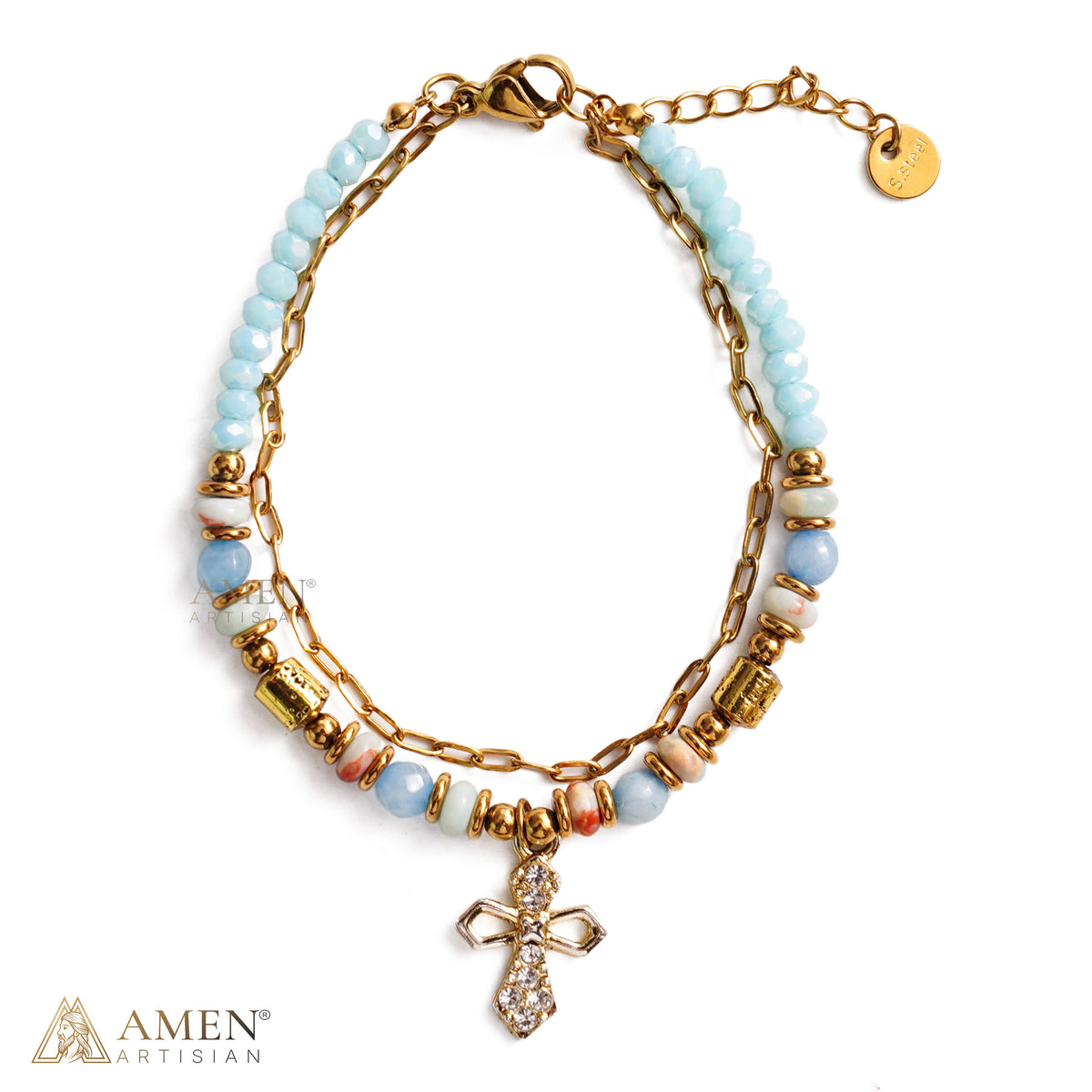 Layered Beaded Bracelet with Sparkling Cross Charm