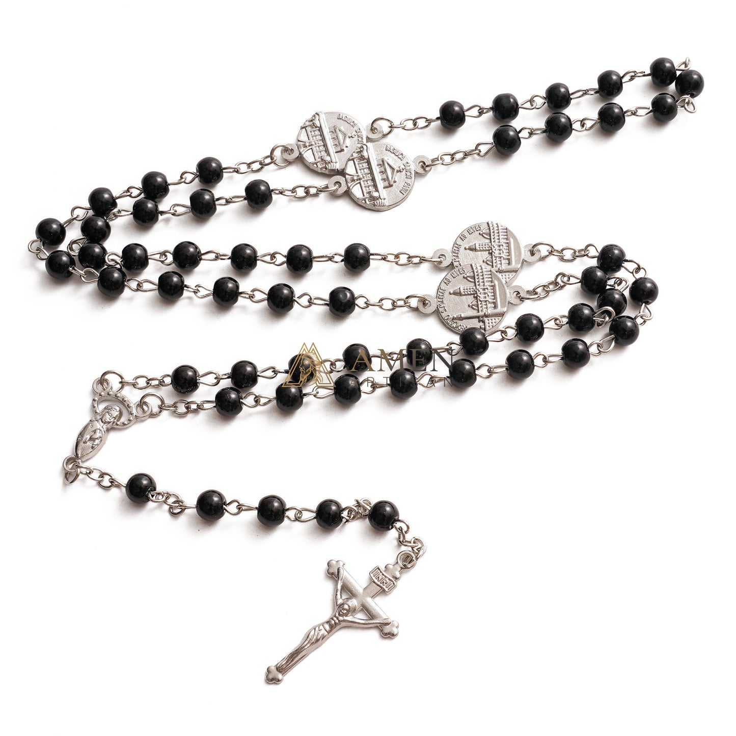 Crucifix Our Lady Black Bead Rosary  Amen Artisan