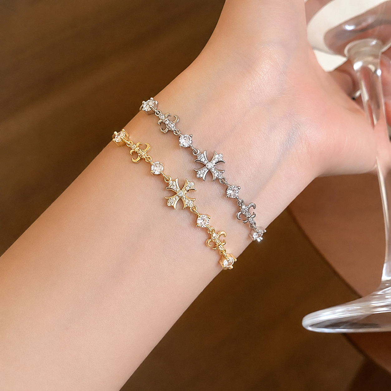 Adjustable Ornate Cross Bolo Bracelet with Sparkling Accents