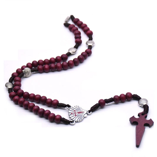 Santiago de Compostela Pilgrimage Burgundy Wooden Cross Rosary Necklace