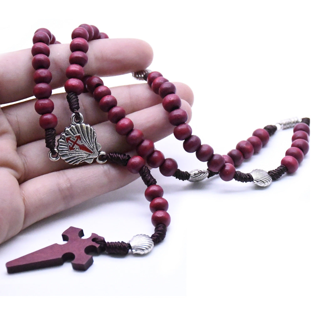 Santiago de Compostela Pilgrimage Burgundy Wooden Cross Rosary Necklace