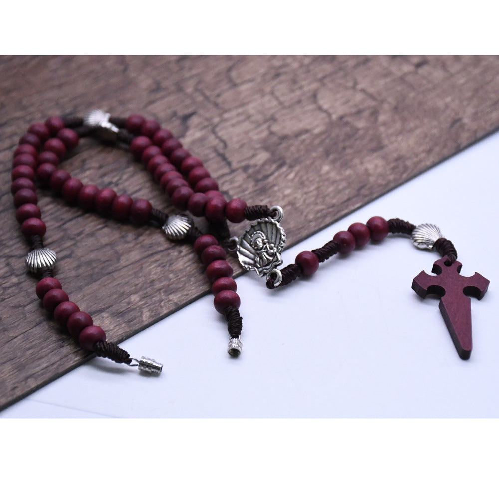 Santiago de Compostela Pilgrimage Burgundy Wooden Cross Rosary Necklace