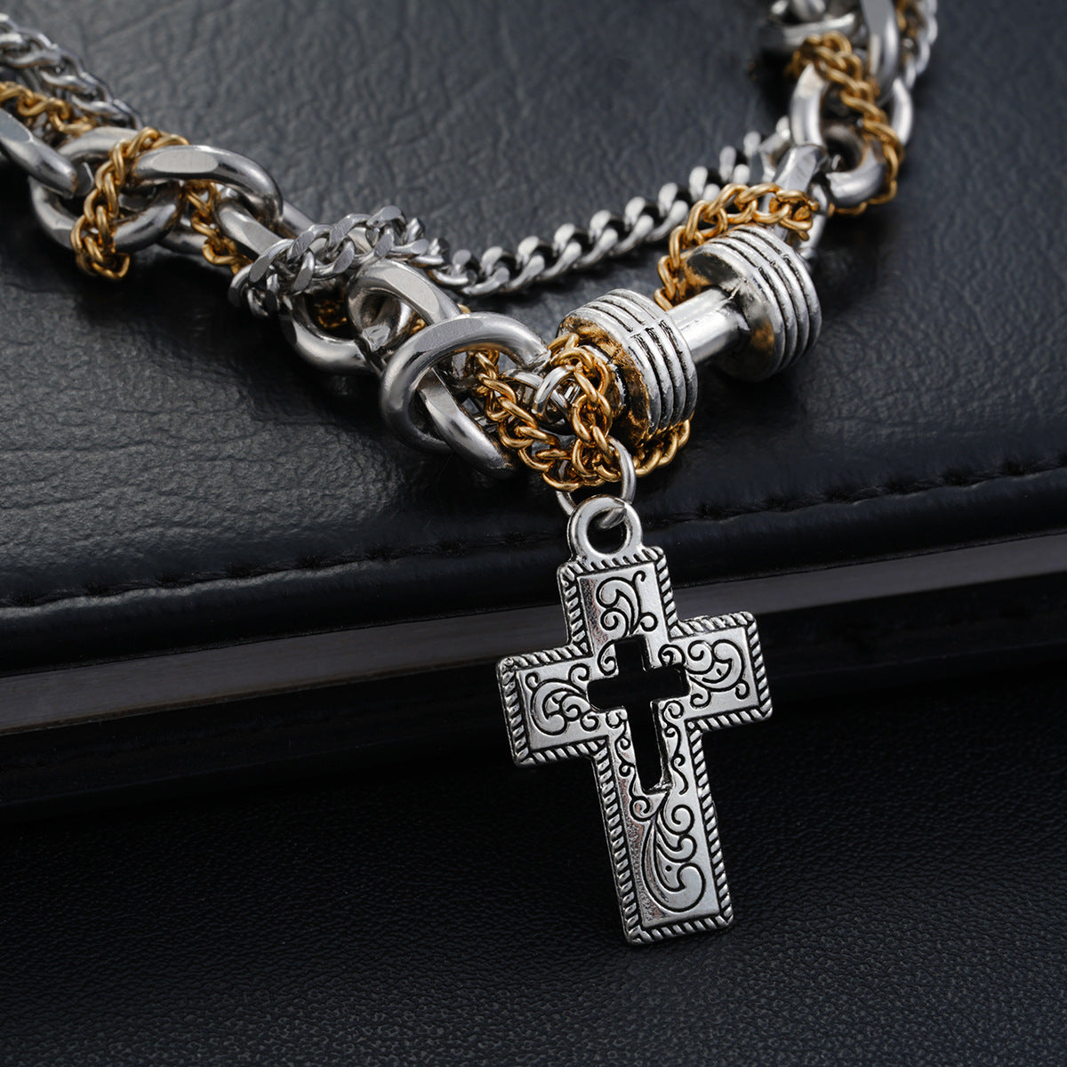 Two-Tone Mixed-Link Cross Necklace