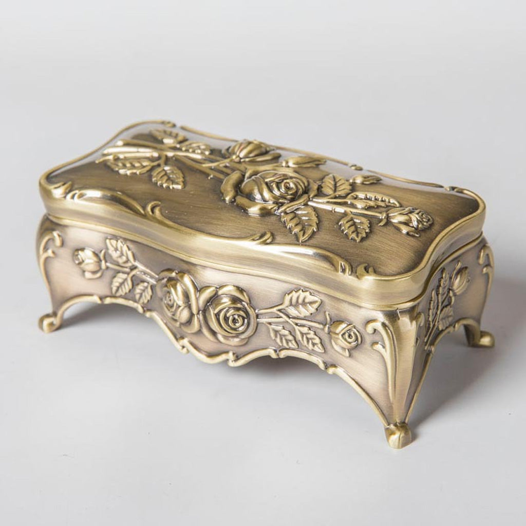 Vintage Rose Metal Rosary Keepsake Box with Raised Floral Details