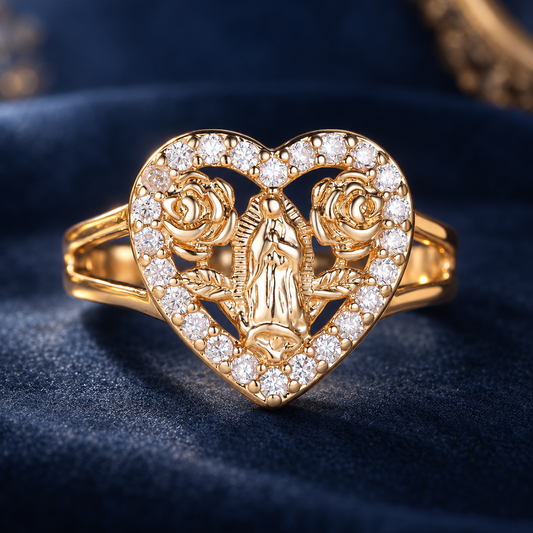 【DEAL TODAY】Our Lady of Guadalupe Heart Ring with Rose Details