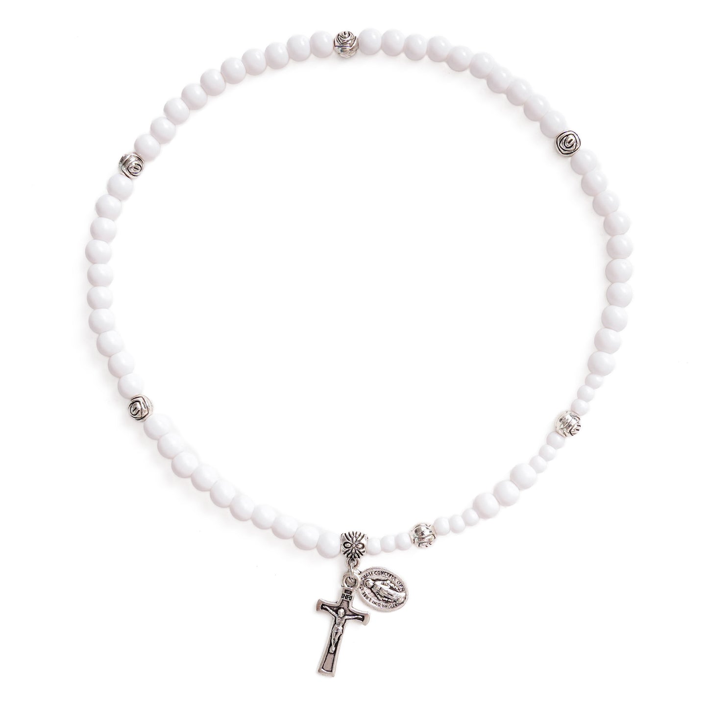 White Bead Virgin Mary Medal & Crucifix Bracelet Necklace