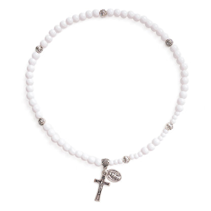White Bead Virgin Mary Medal & Crucifix Bracelet Necklace