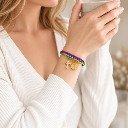St. Benedict Medal Adjustable Cord Bracelet with Cross Charm