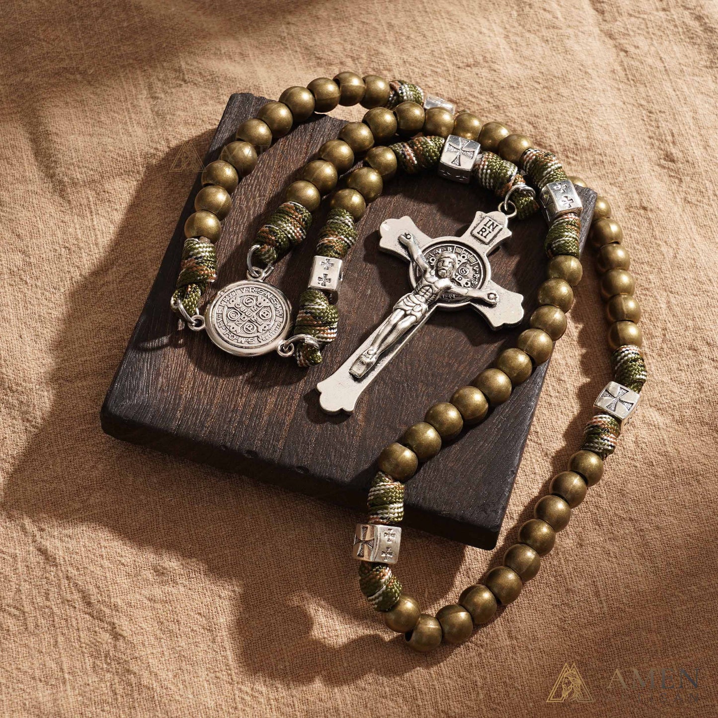 Contas de latão Medalha de São Bento Crucifixo Paracord Rosário Amém Artesanal