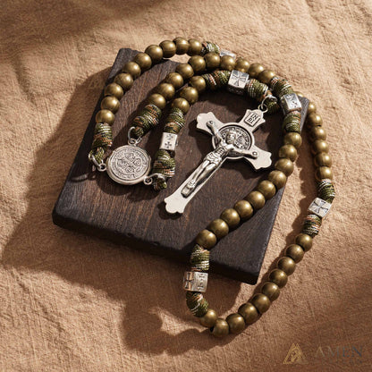 Contas de latão Medalha de São Bento Crucifixo Paracord Rosário Amém Artesanal