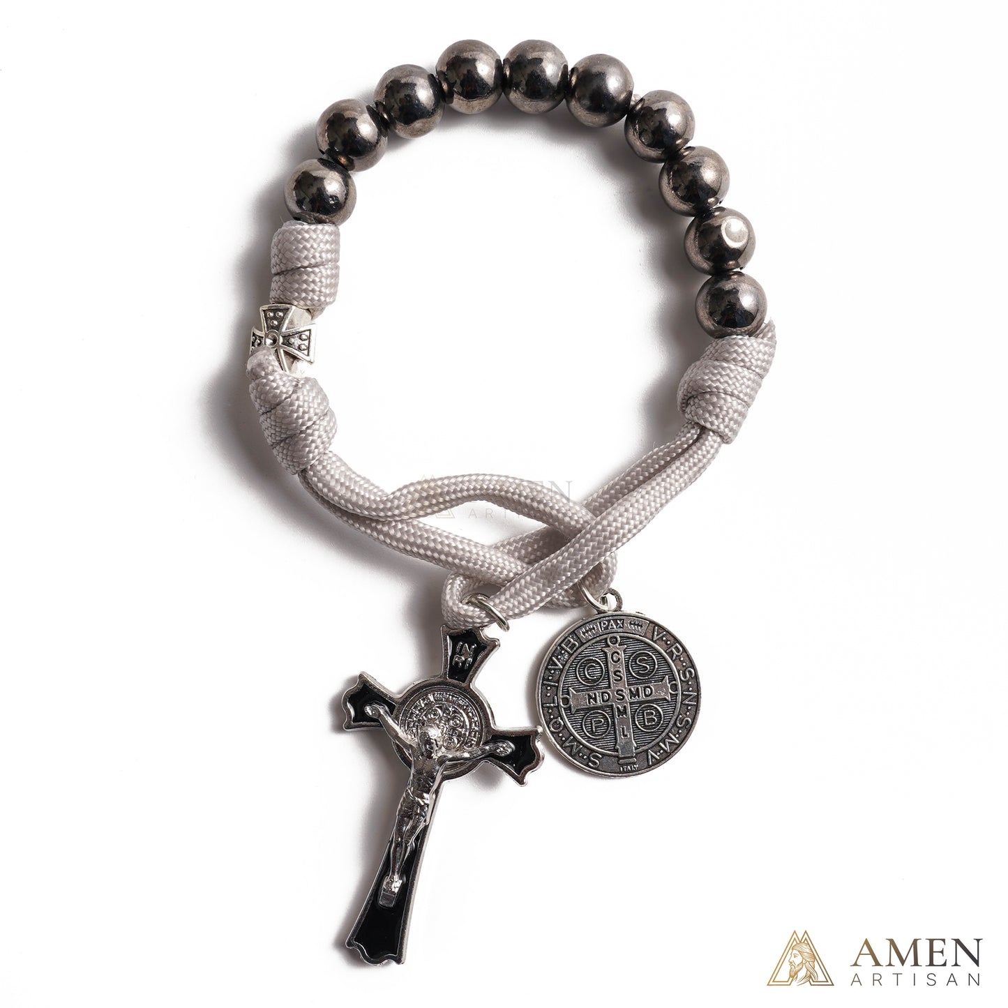 The "Cathedral Steel" St. Benedict multi-Decade Wrap Rosary by AMEN ARTISAN – Faceted Cobalt Finish with Smiling Jesus Crucifix