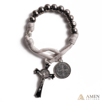 The "Cathedral Steel" St. Benedict multi-Decade Wrap Rosary by AMEN ARTISAN – Faceted Cobalt Finish with Smiling Jesus Crucifix