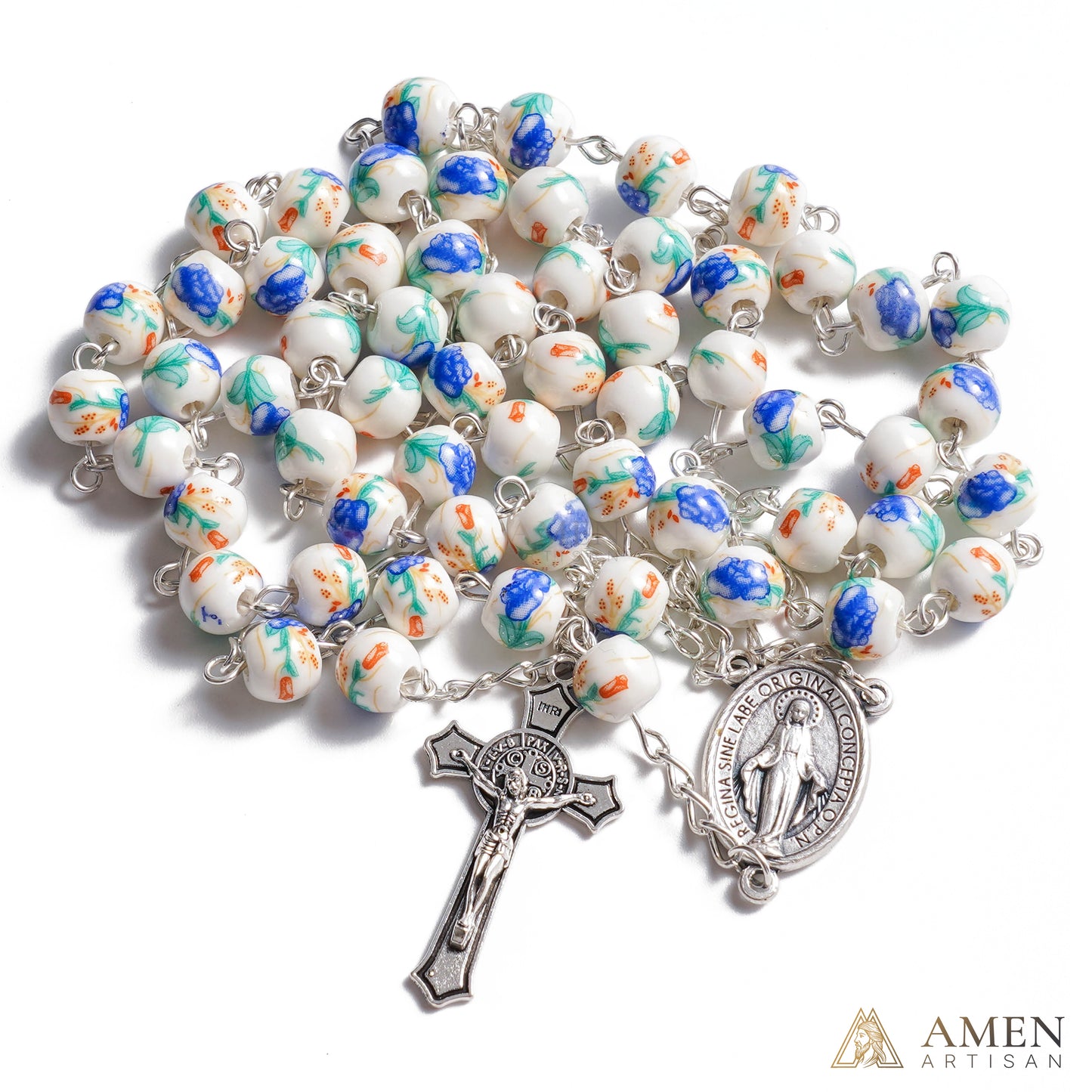 Blue Peony Ceramic Rosary Amen Artisan