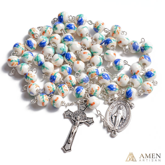 Blue Peony Ceramic Rosary Amen Artisan